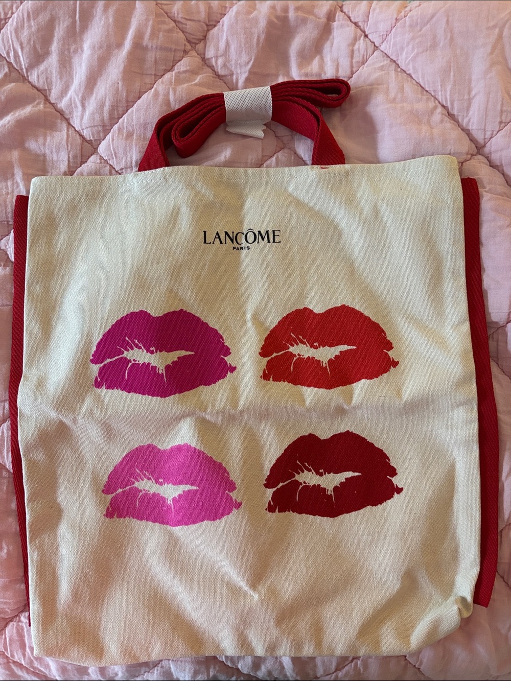Beige Canvas Tote with Red and Pink Lip Print